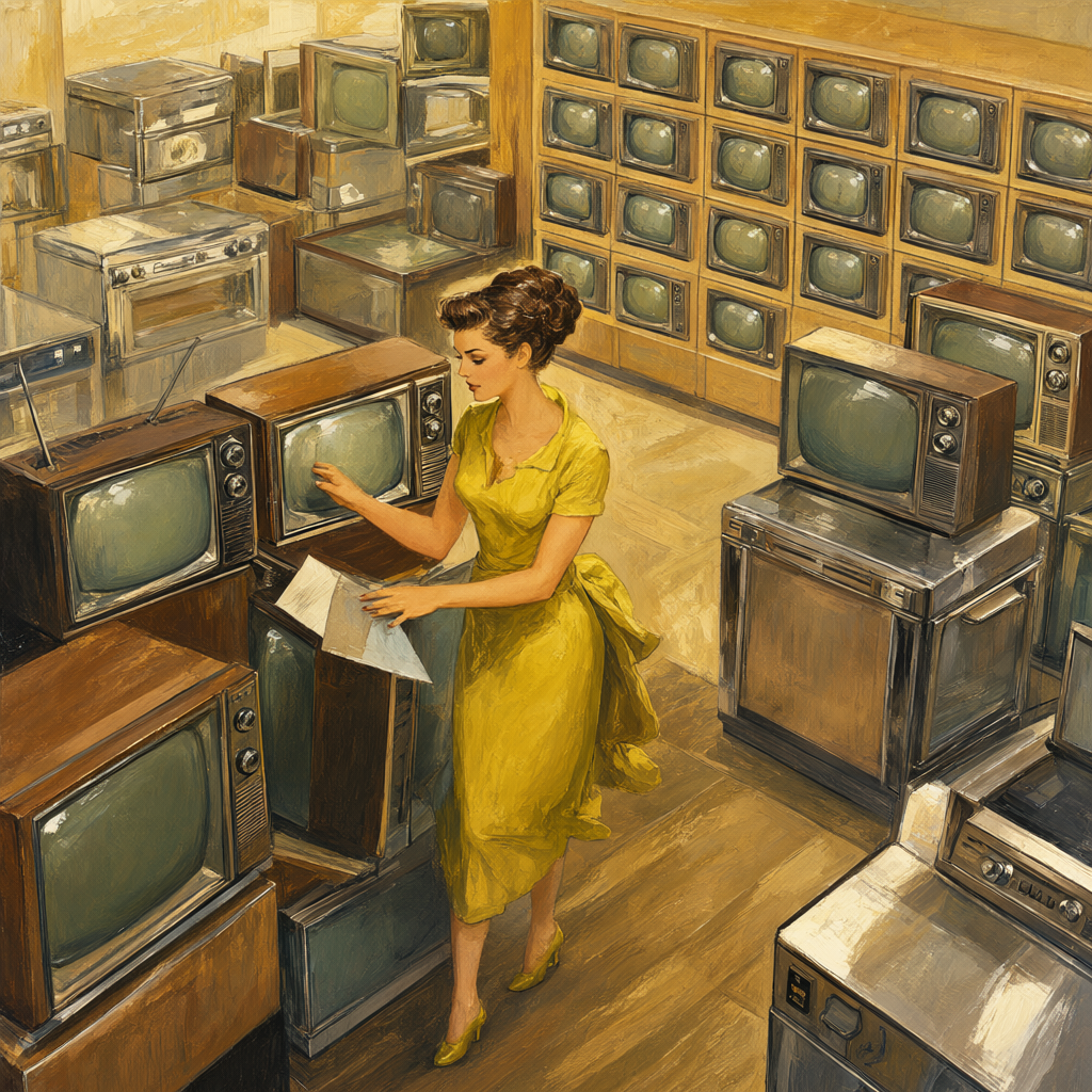Pin-up comparing televisions in the appliance department