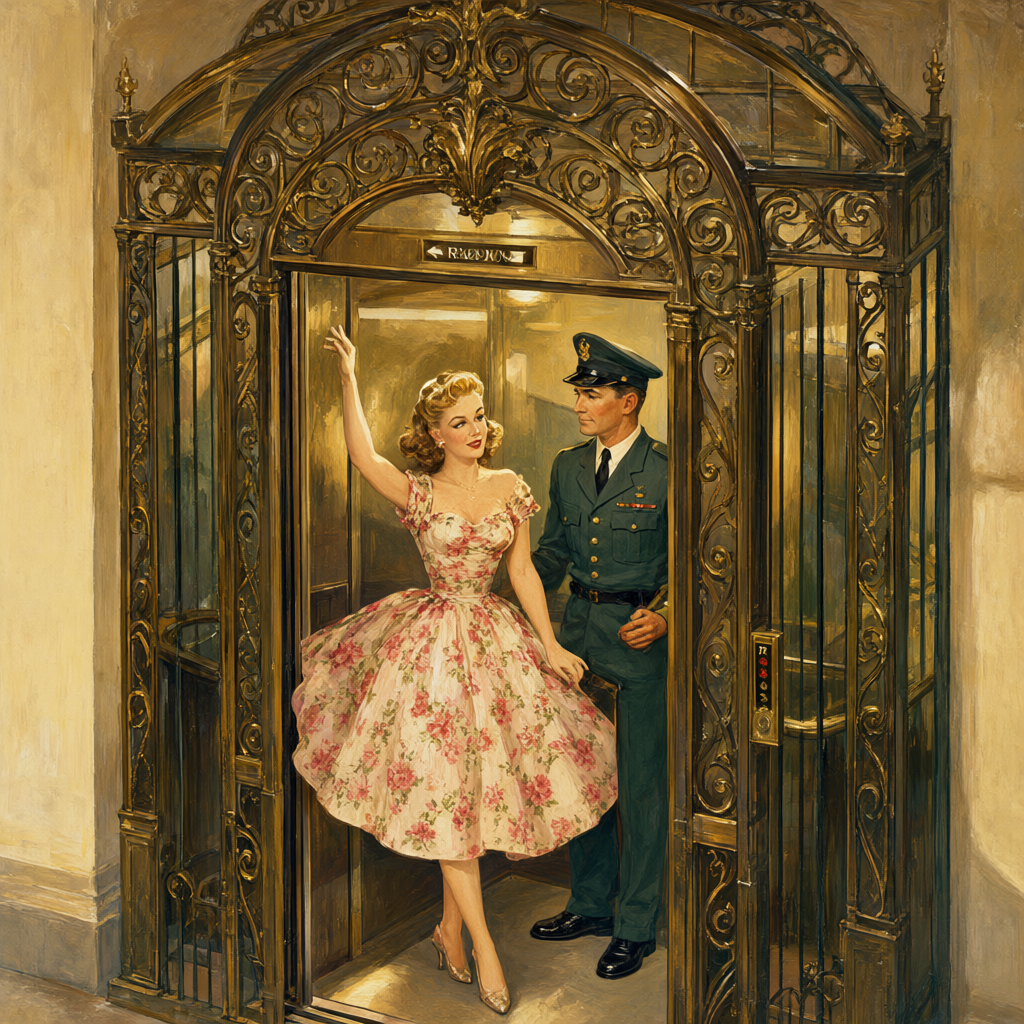 Pin-up greeting the operator inside the brass cage elevator
