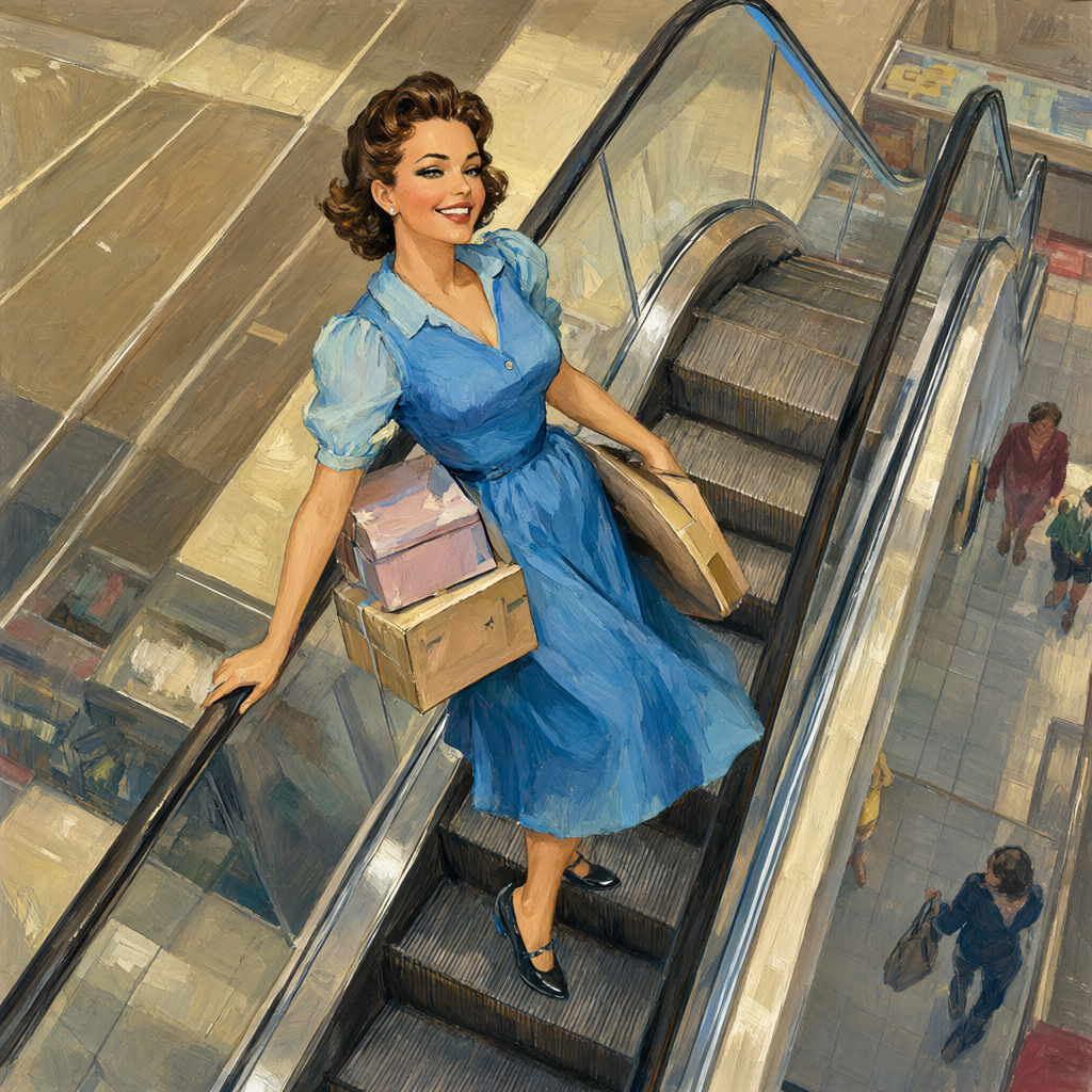 Pin-up riding the escalator holding hat boxes