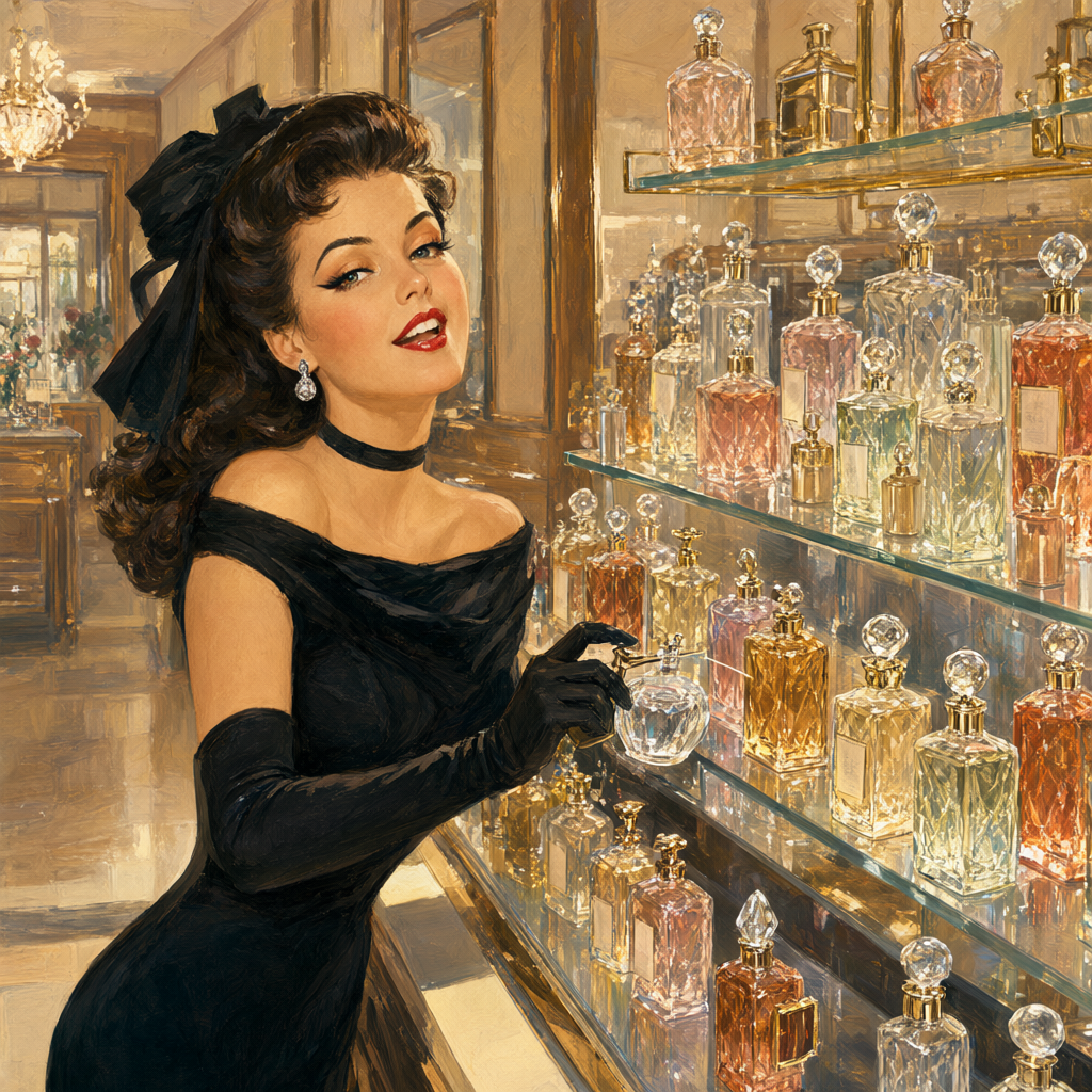 Pin-up in an evening gown spritzing perfume testers at the fragrance bar