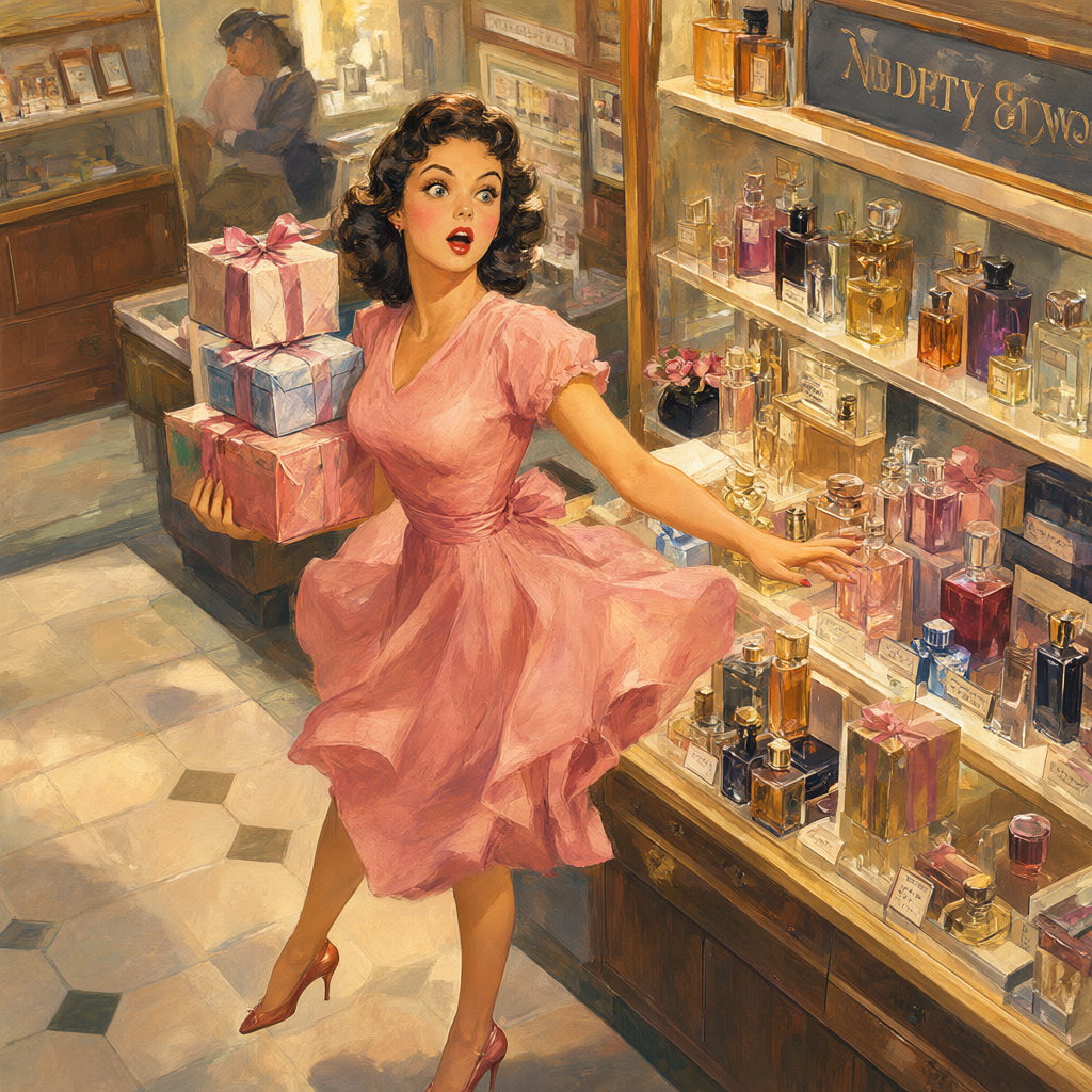 Surprised pin-up balancing a stack of wrapped gift boxes