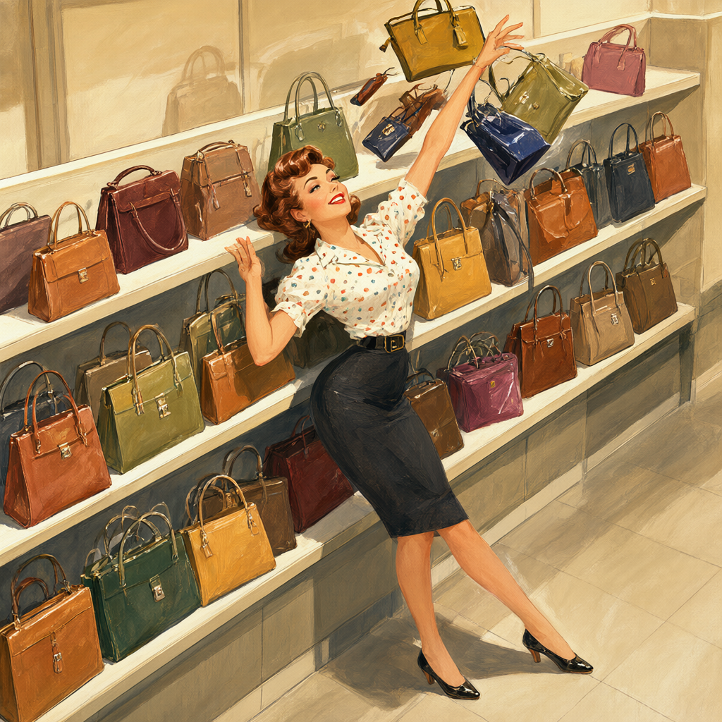 Pin-up catching a tumbling stack of handbags in the handbag aisle