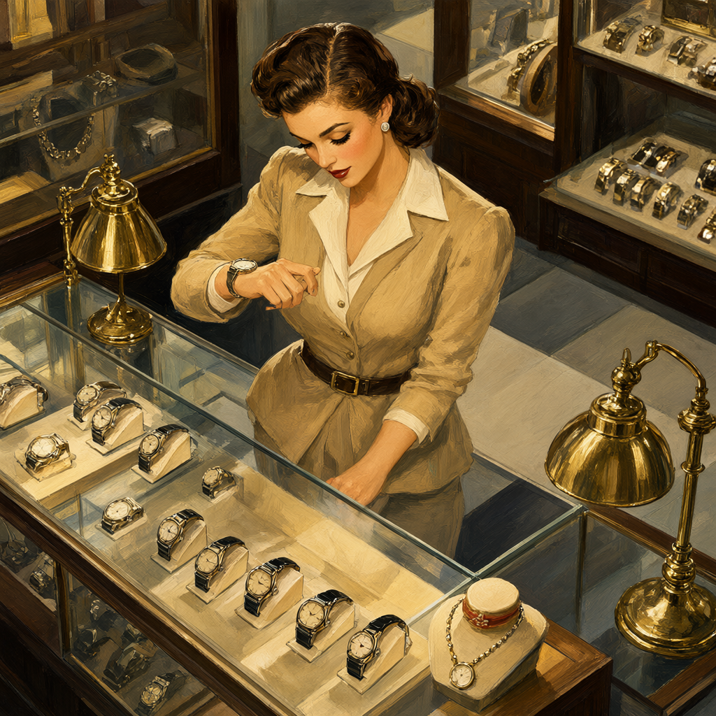 Pin-up inspecting a wristwatch at the jewelry counter