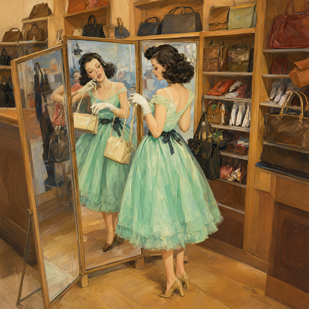 Pin-up testing a handbag before a three-panel mirror in leather goods
