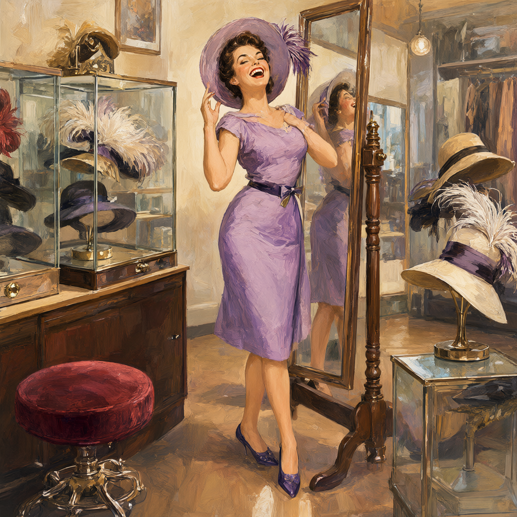 Pin-up being fitted for a hat in the millinery salon