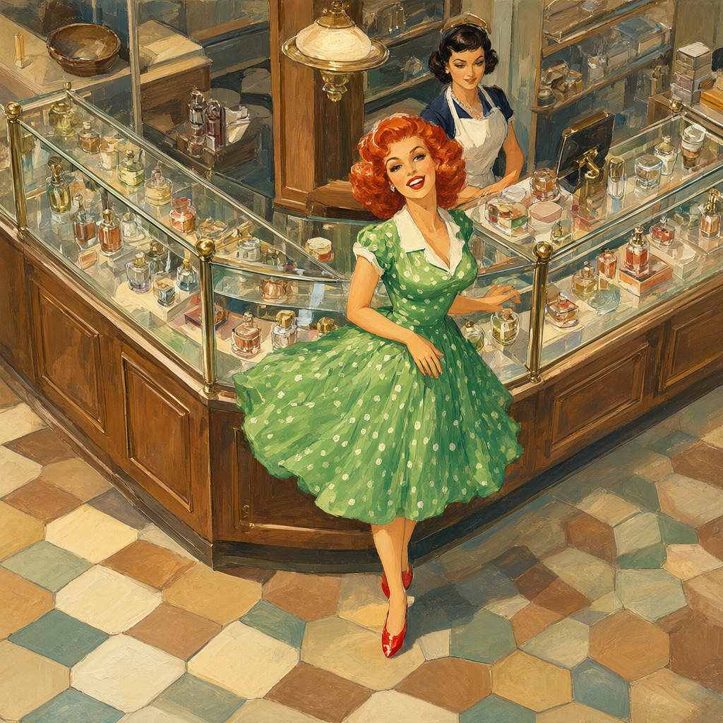 Pin-up in a green polka dot dress at the perfume counter
