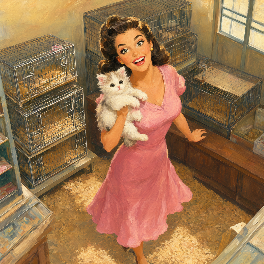 Pin-up at the pet shop corner holding a white kitten