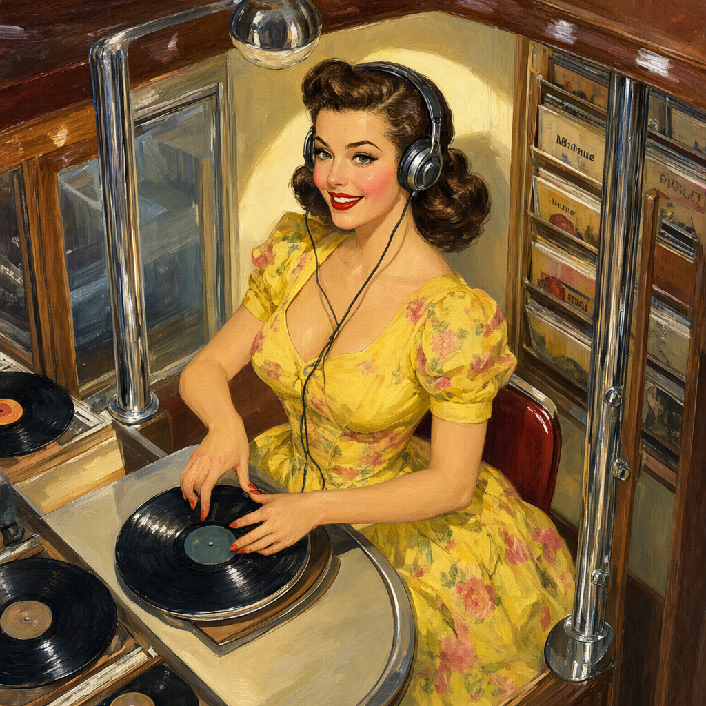 Pin-up in the record bar listening booth wearing headphones
