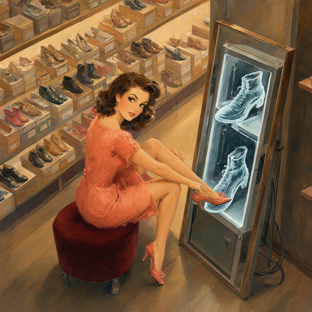Pin-up trying on shoes at the shoe department velvet stool