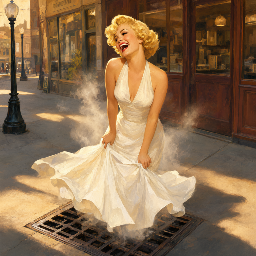 Pin-up over a subway steam grate, her white dress billowing