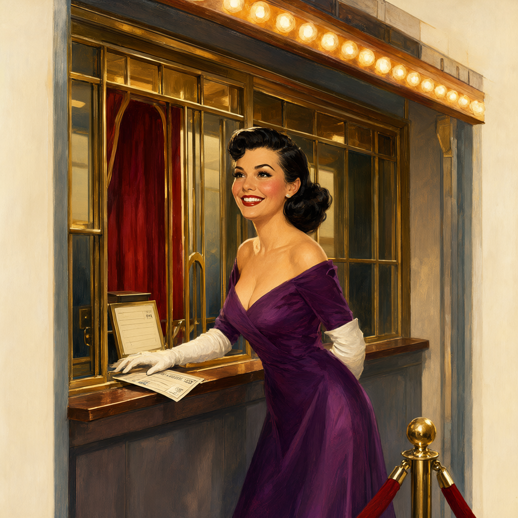 Pin-up smiling at the theater ticket window with welcome tickets