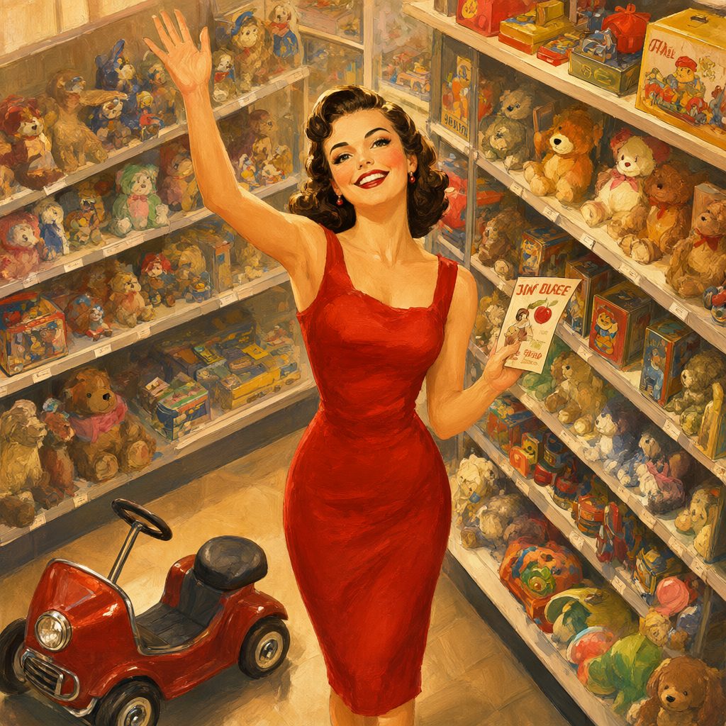 Pin-up waving a sales flyer in the toy department